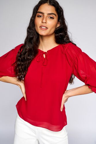 2 - Red Solid Blouson Top, image 2