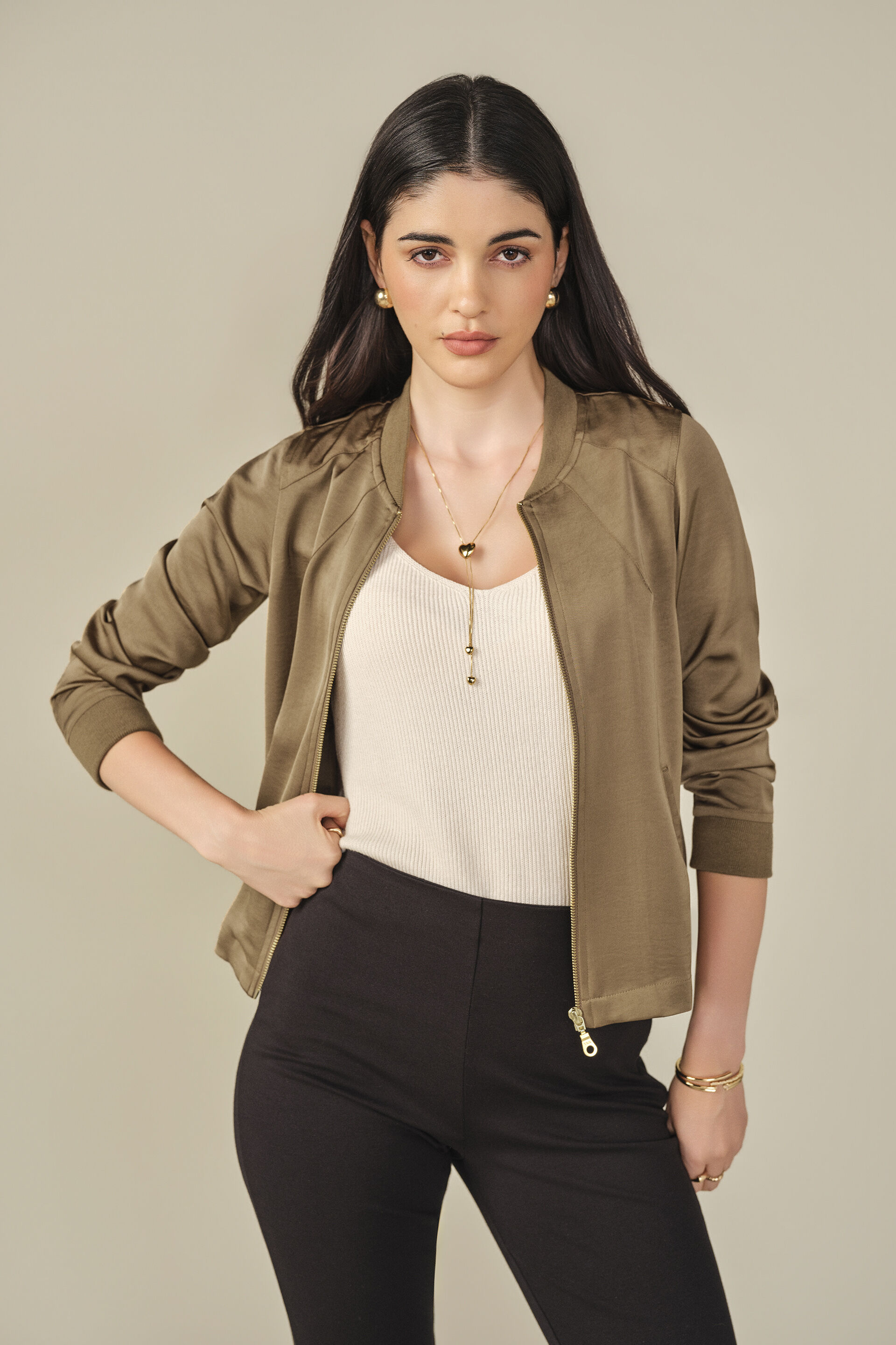 Satin Bomber Jacket in Tan, Tan, image 1