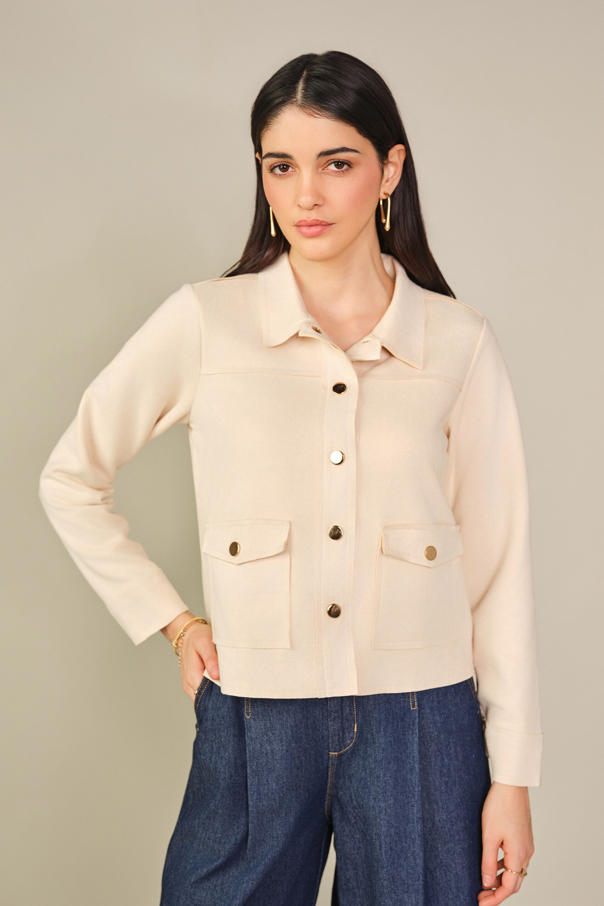 Solid Suede Jacket in Cream