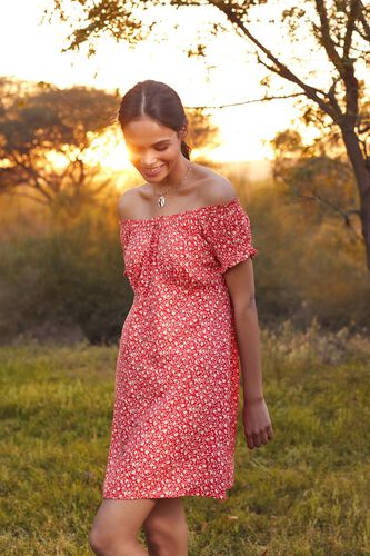3 - Red Floral Printed Fit And Flare Dress, image 3