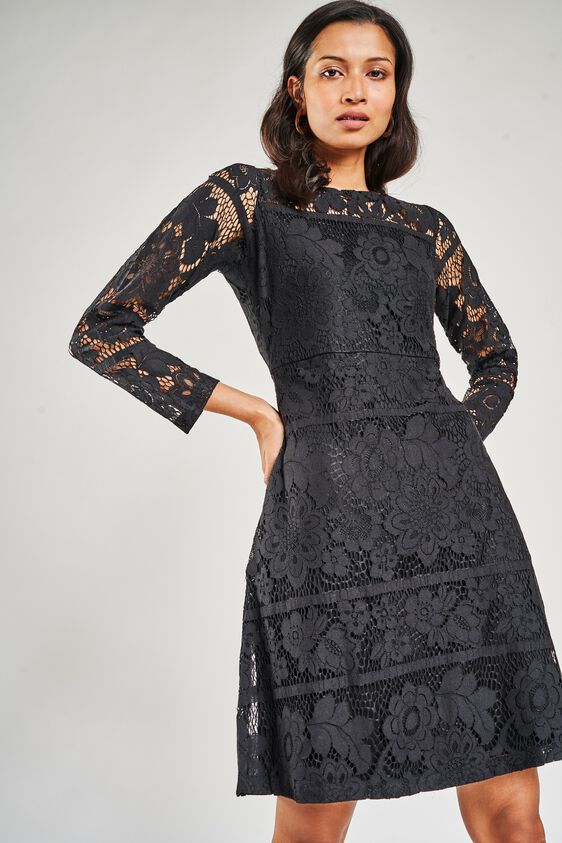 1 - Black Round Neck Fit and Flare Dress, image 1
