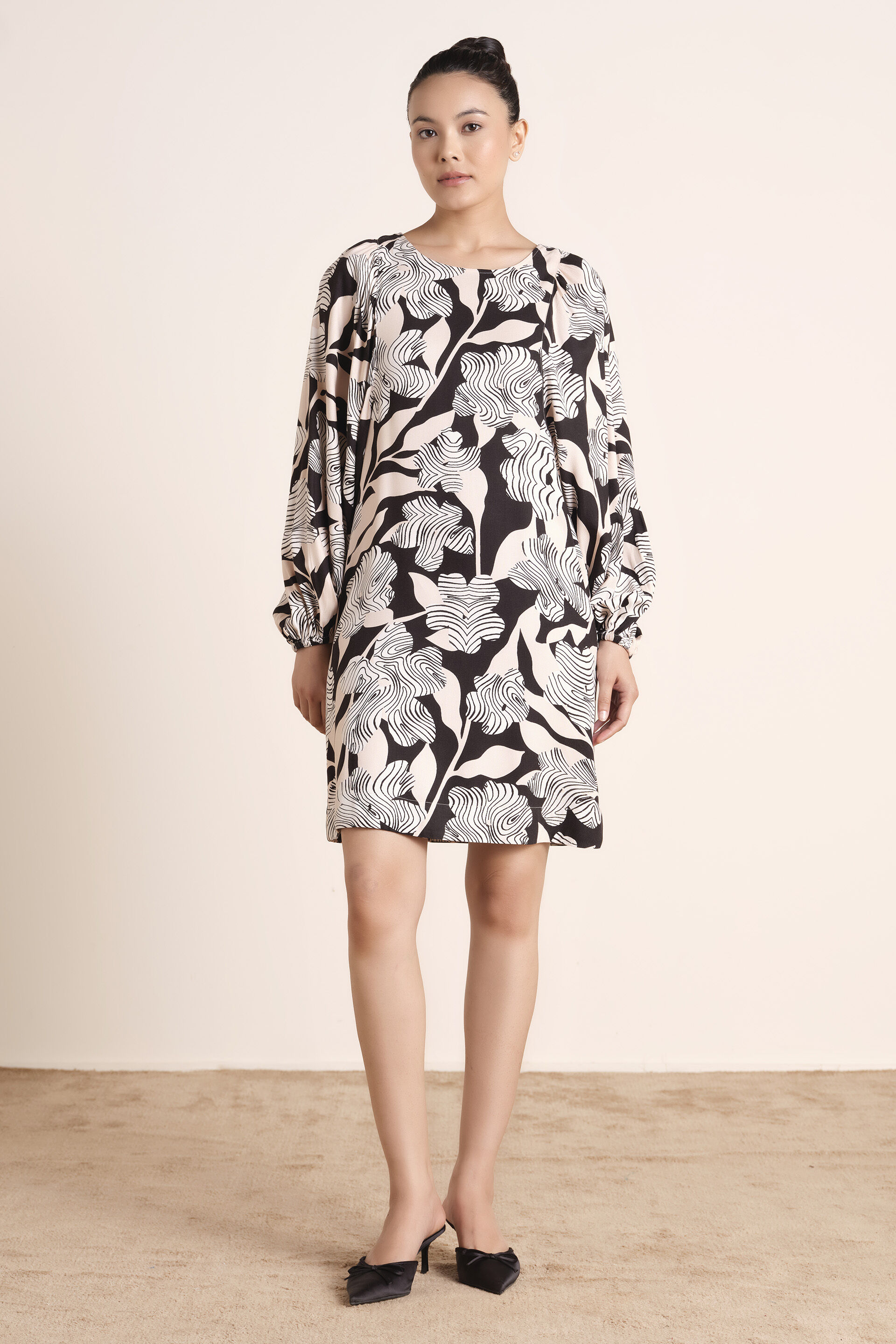 Florine Abstract Print Dress, Black, image 1