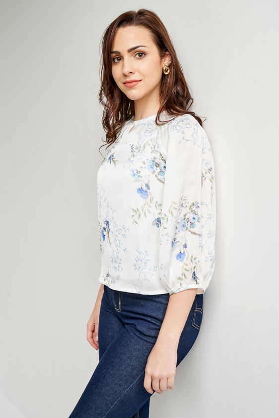 White Floral Pleated Top, White, image 3