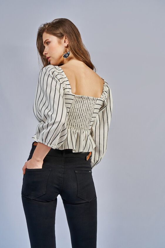 6 - Black - White Stripes Square Neck Fit and Flare Top, image 6