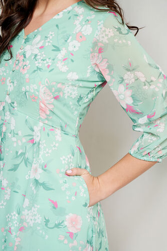 Green Floral Flared Dress, Green, image 6