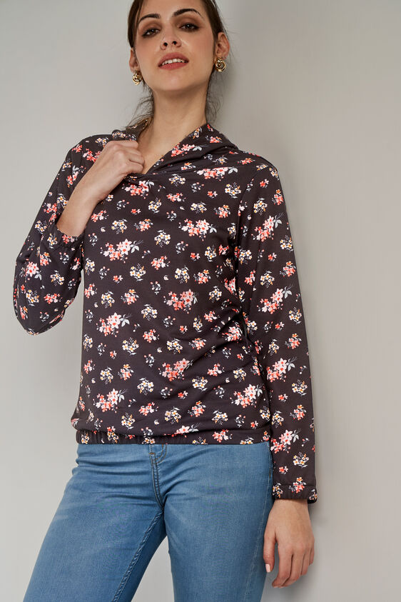 Black Floral Straight Top, Black, image 4