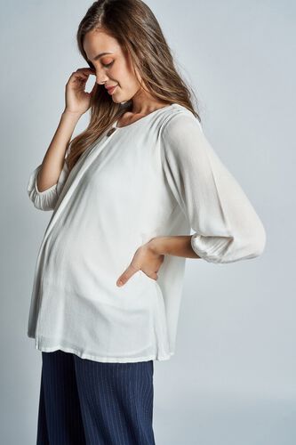 4 - White Pleated Round Neck Maternity Blouse Top, image 4