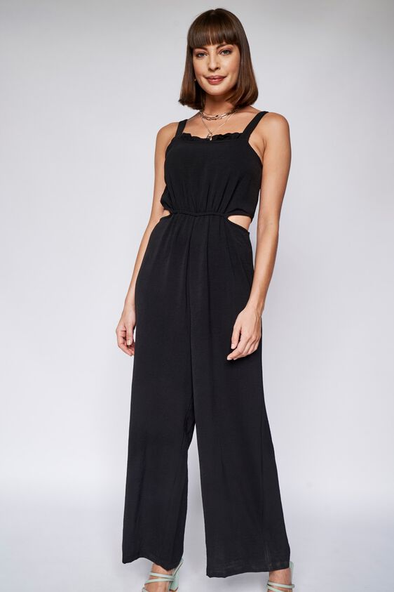 Black Solid Fit and Flare Jumpsuit, Black, image 1