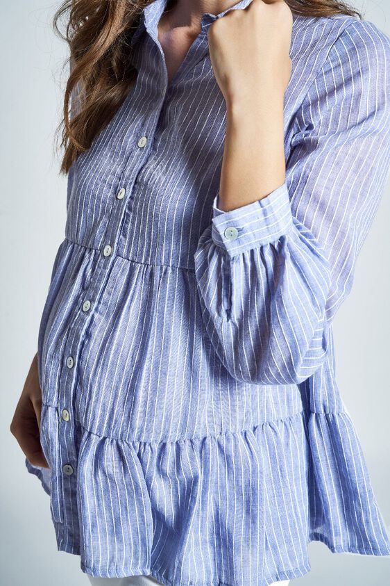 4 - Blue Stripes Shirt Style Maternity Top, image 4