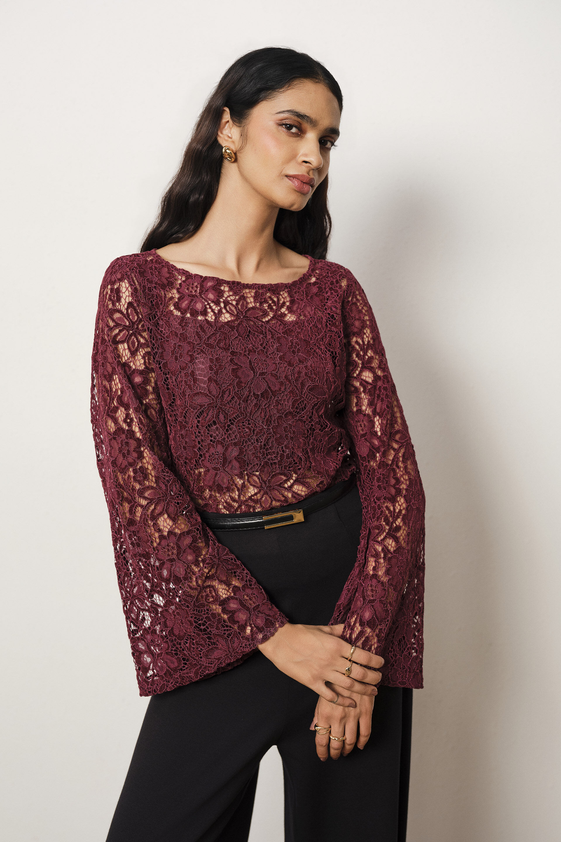 Lace Full Sleeves Top in Wine, Wine, image 3