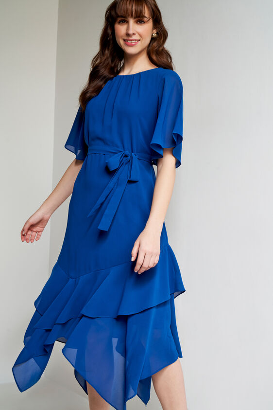 Navy Solid Asymmetric Dress, Navy Blue, image 5