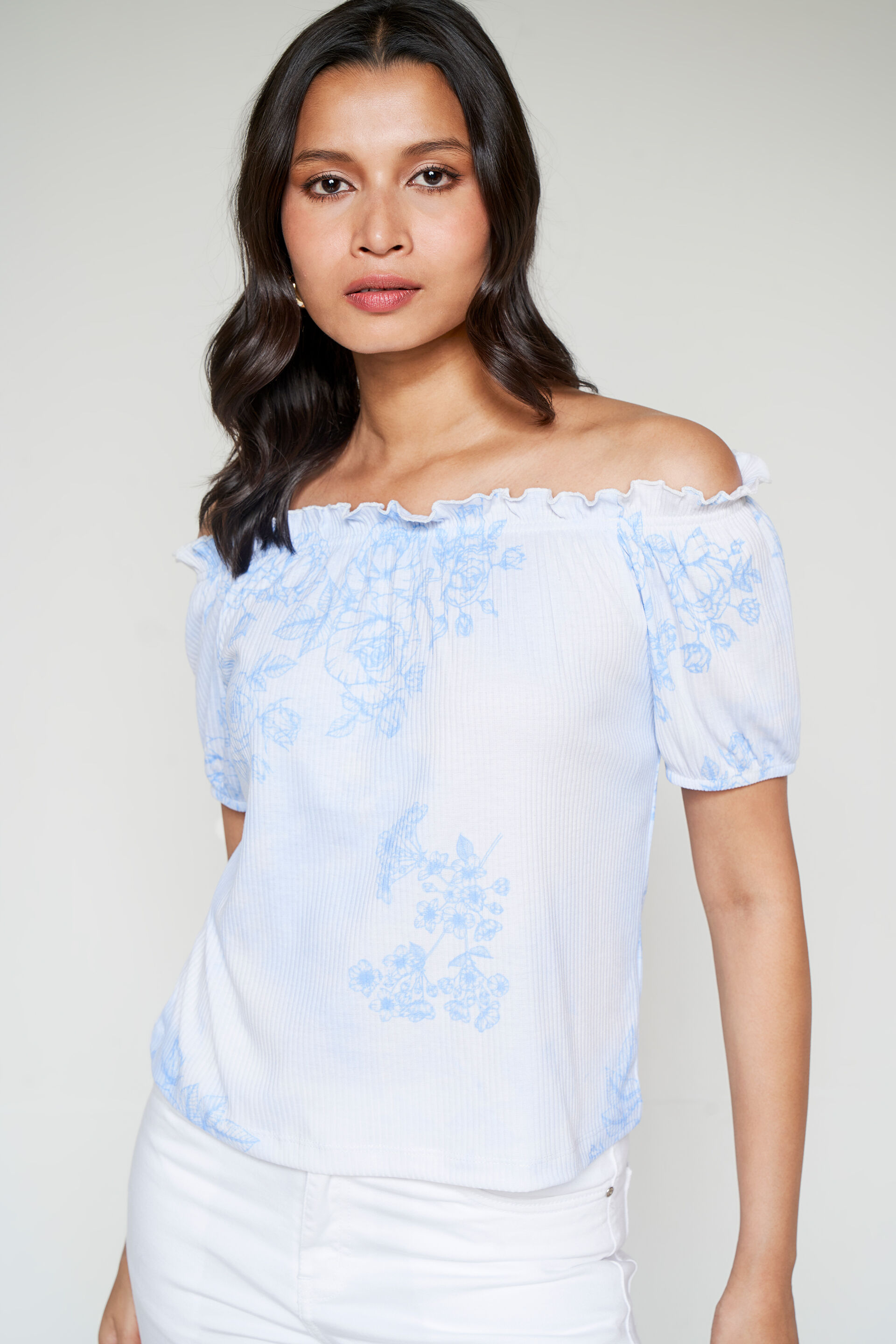 White Floral Off-Shoulder Top, White, image 1