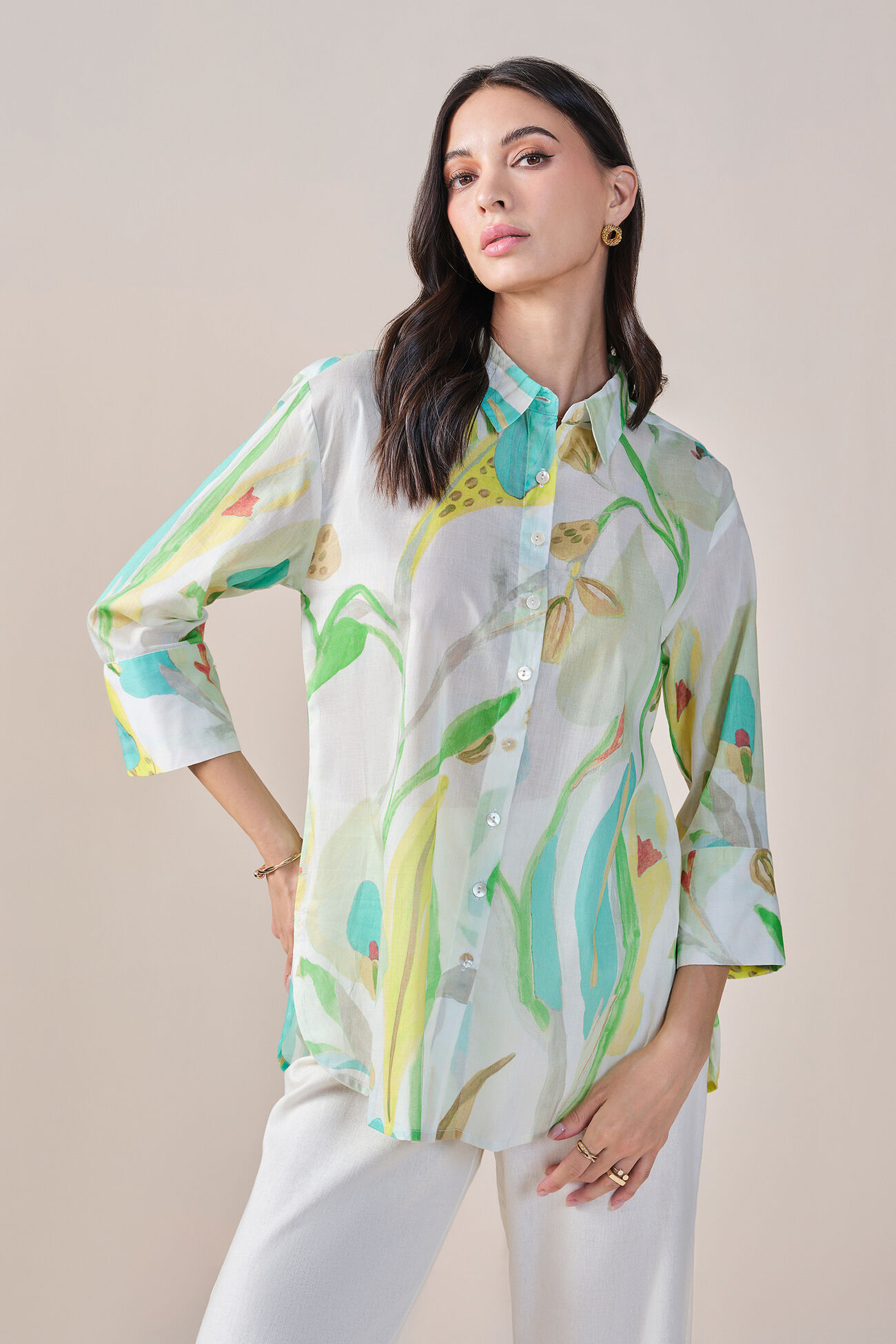 Florallista Viscose Linen Blend Shirt, Green, image 1