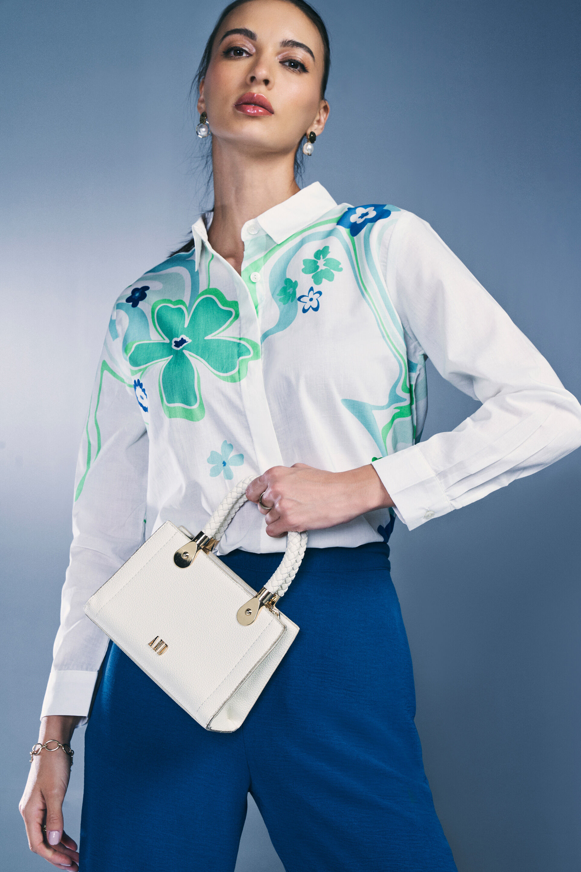 Floral Splash Cotton Shirt, White, image 2