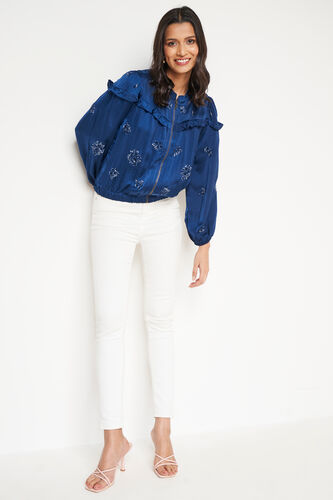 Blue Solid Mandarin Collar Jacket, Blue, image 4