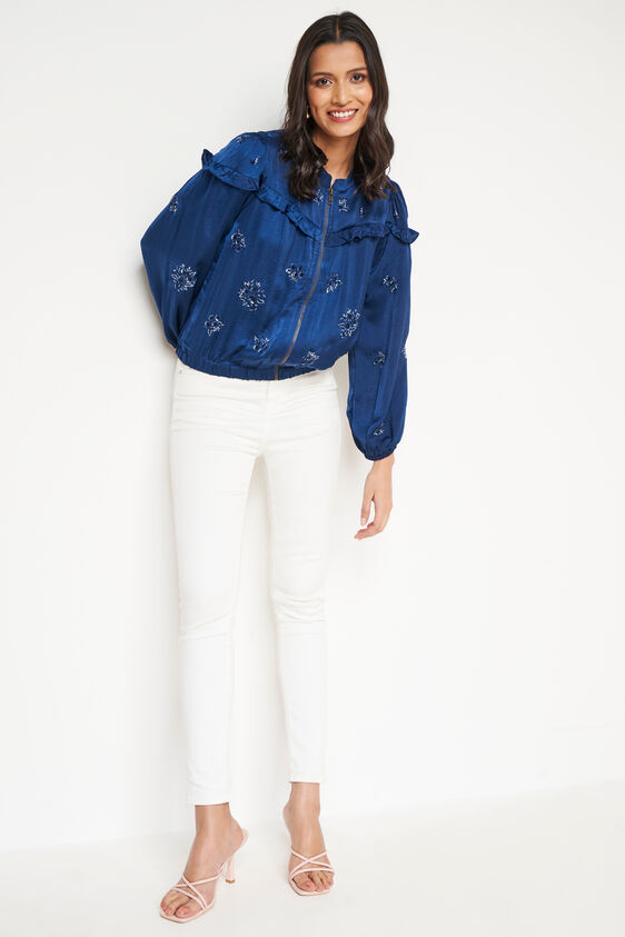 Blue Solid Mandarin Collar Jacket, Blue, image 4