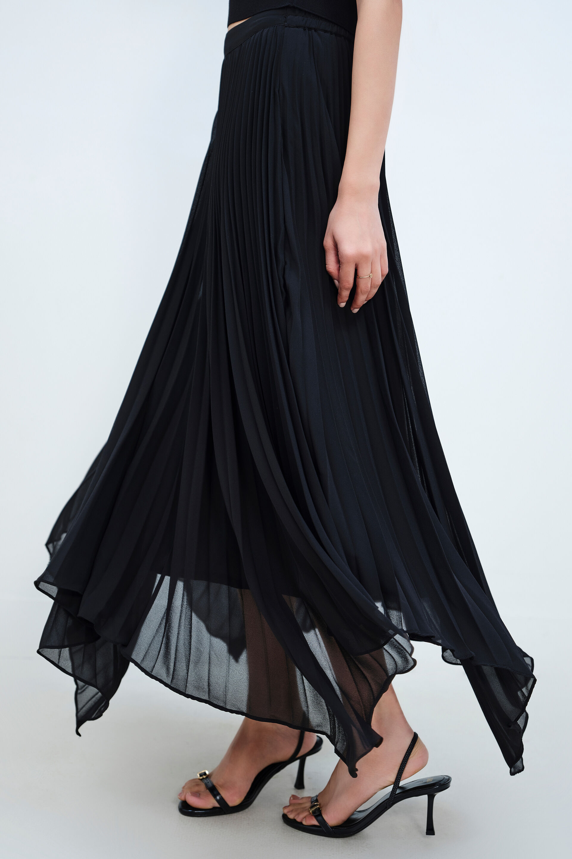 Black Handkerchief Pleated Skirt, Black, image 2