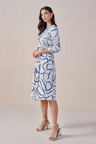 Cobalt Swirl Viscose Linen Blend Dress, White, image 3