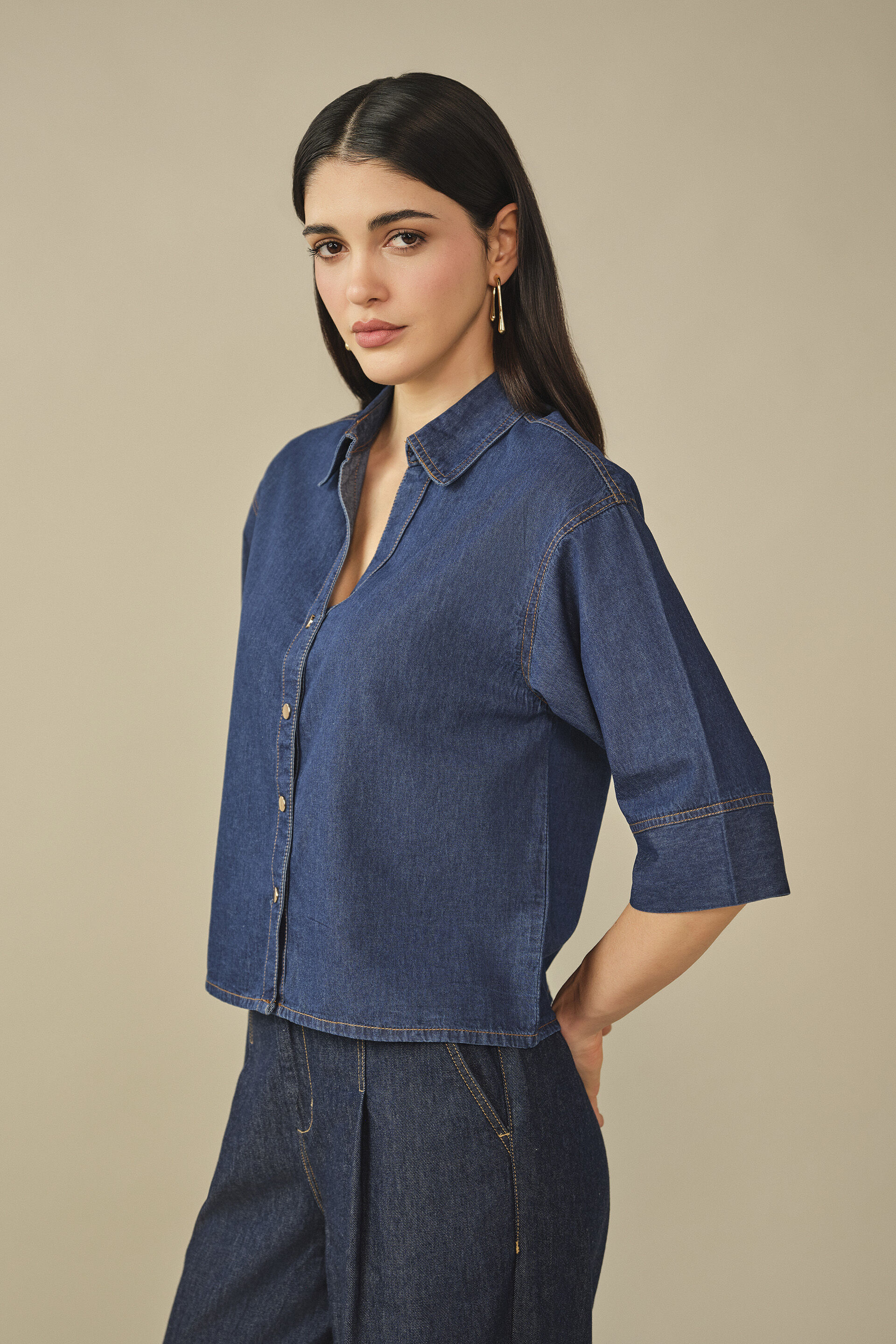 Solid Denim Shirt in Navy Blue, Dark Blue, image 5