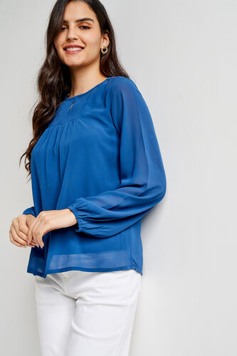 Blue Solid Round Neck Top, Blue, image 1