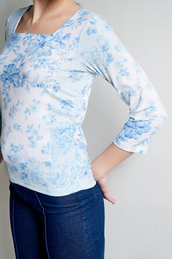 Cream And Blue Floral Curved Top, Cream, image 5