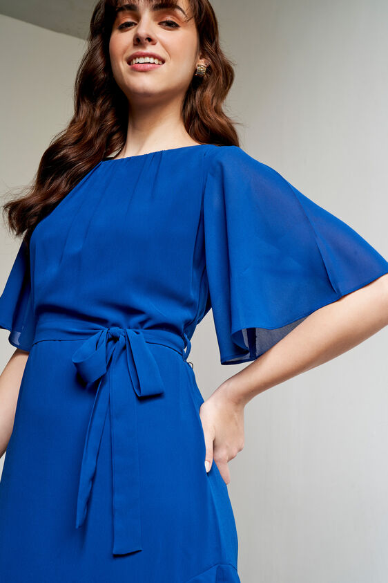 Navy Solid Asymmetric Dress, Navy Blue, image 3