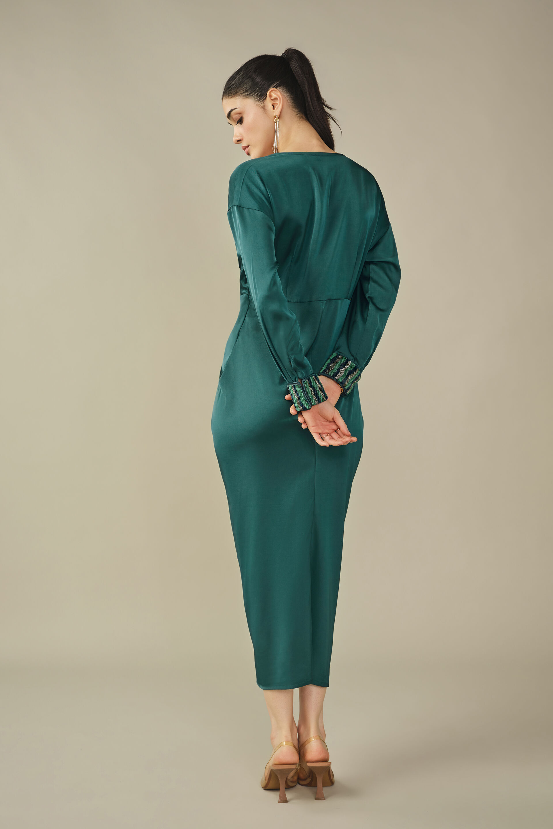 Draped Satin Dress in Green, Green, image 6