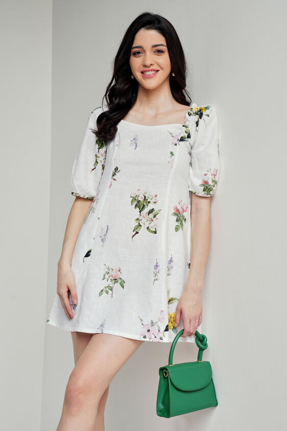 White Floral Flared Dress, White, image 1