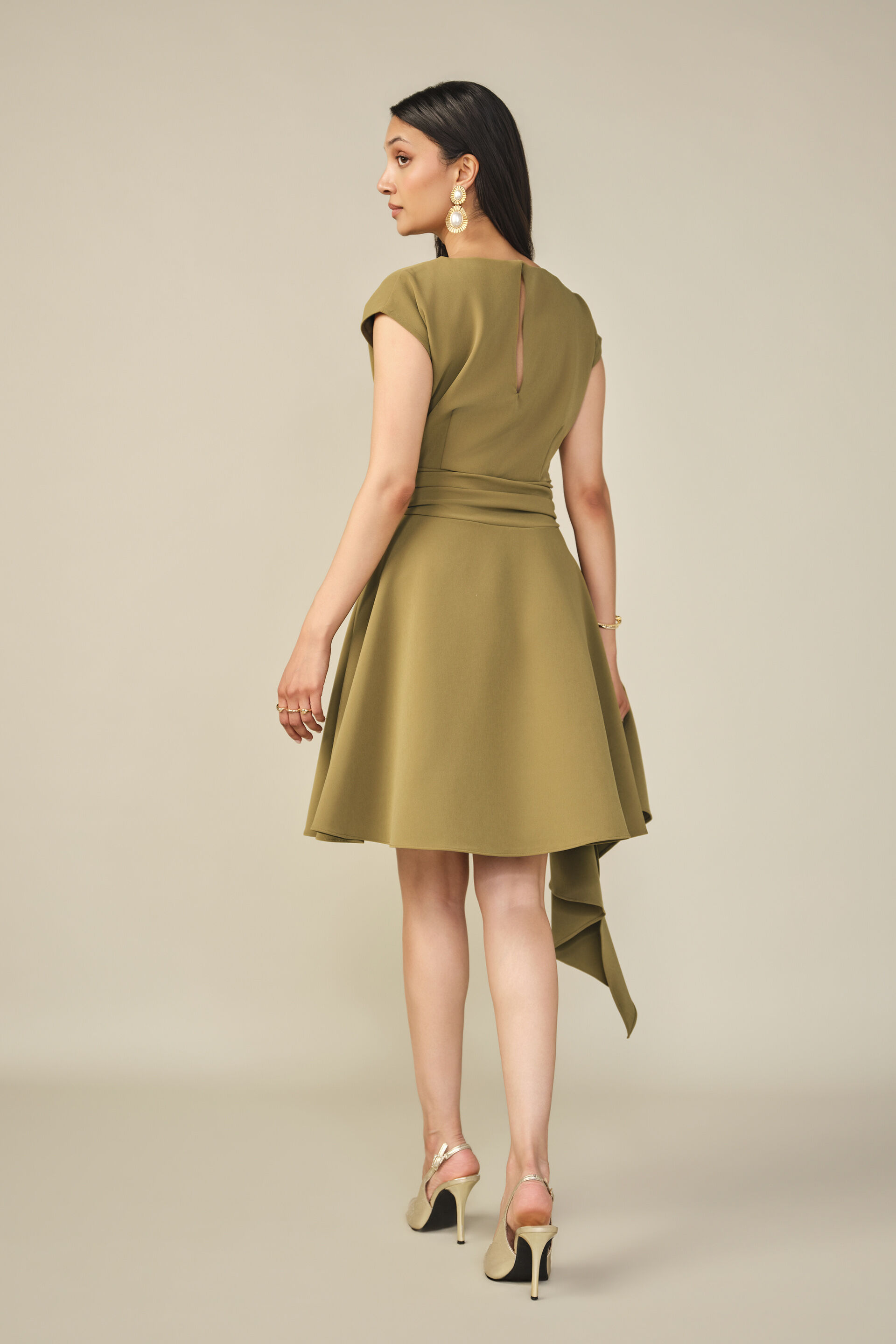 Fit & Flare Solid Dress in Chartreuse, Olive, image 6