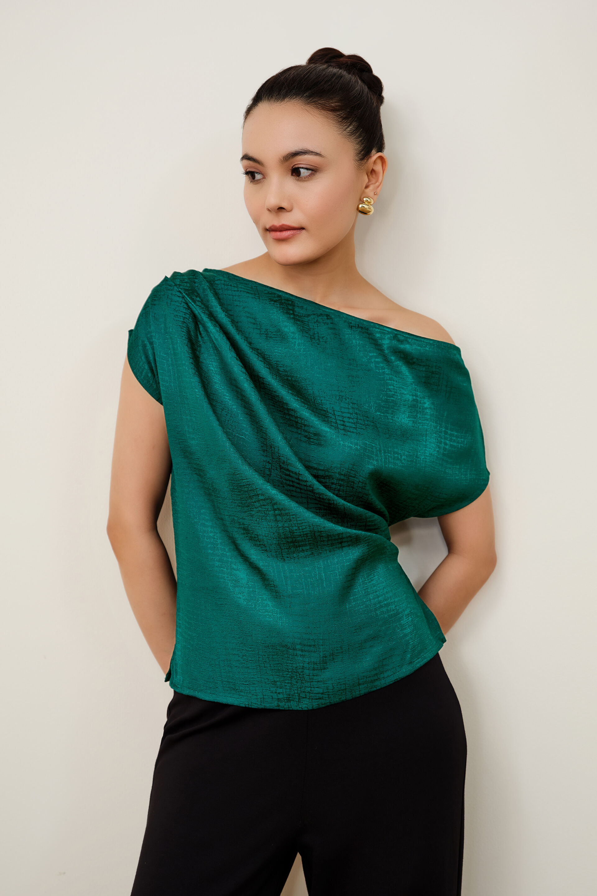 Cerys Emerald Green Jacquard Top, Green, image 1