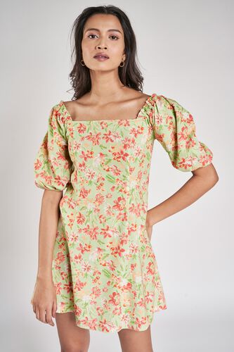 3 - Lime Floral Printed A-Line Dress, image 3