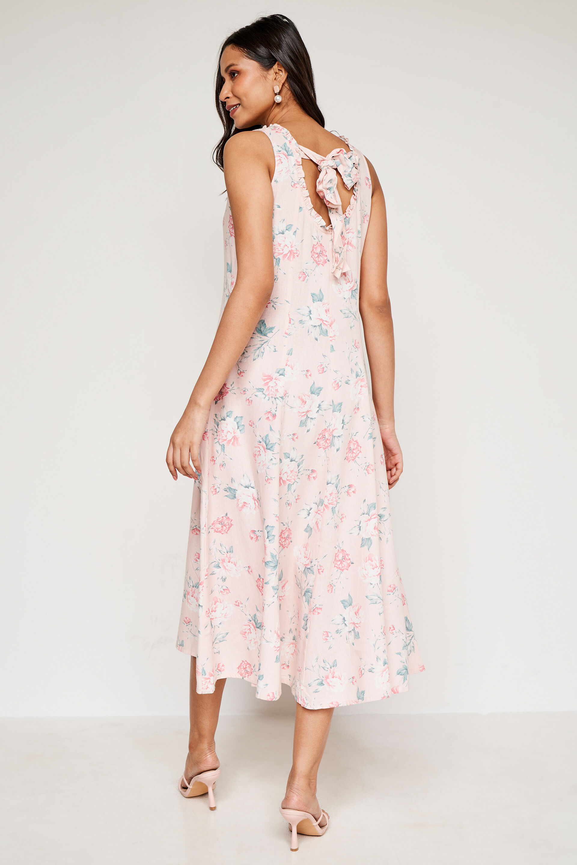 Peach Floral Flared Dress, Peach, image 4