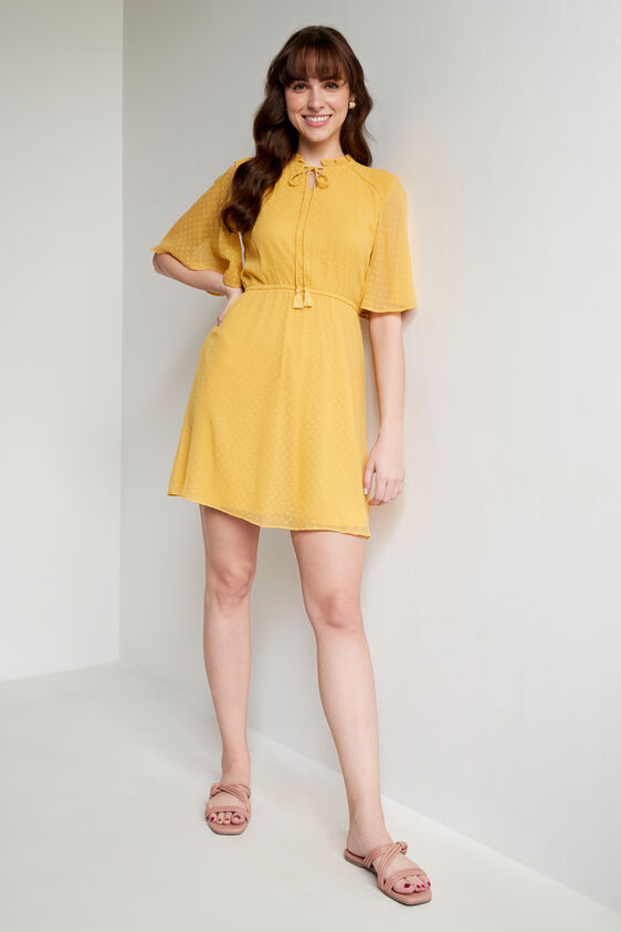 Yellow Solid Flared Dress, Yellow, image 2