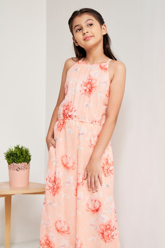 Peach And Orange Floral Straight Jump Suit, Peach, image 1