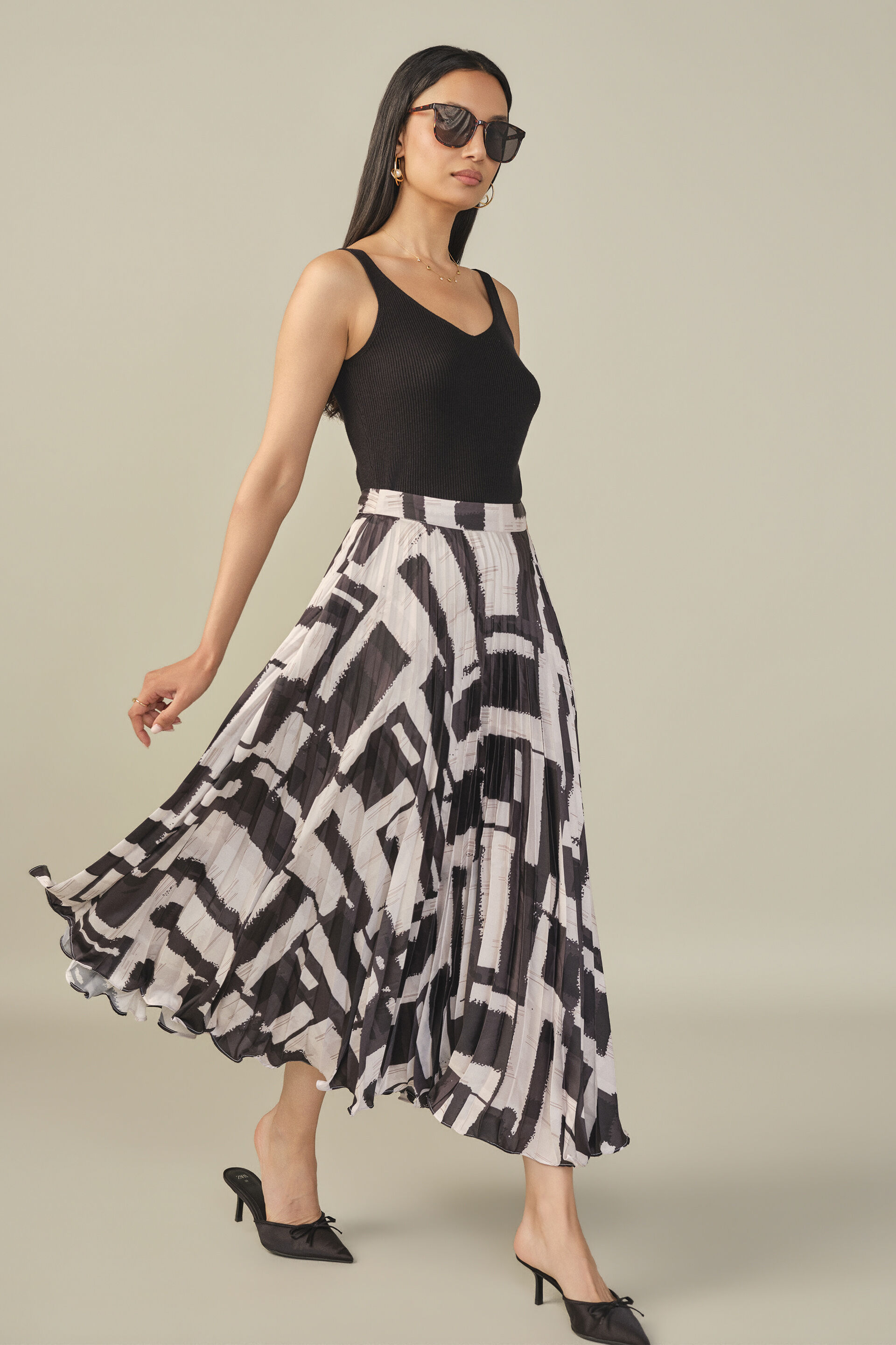 Abstract Printed Satin Skirt in Cream, Cream, image 3