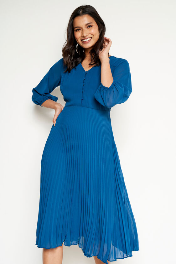Solid Flared Midi Dress, Teal, image 2