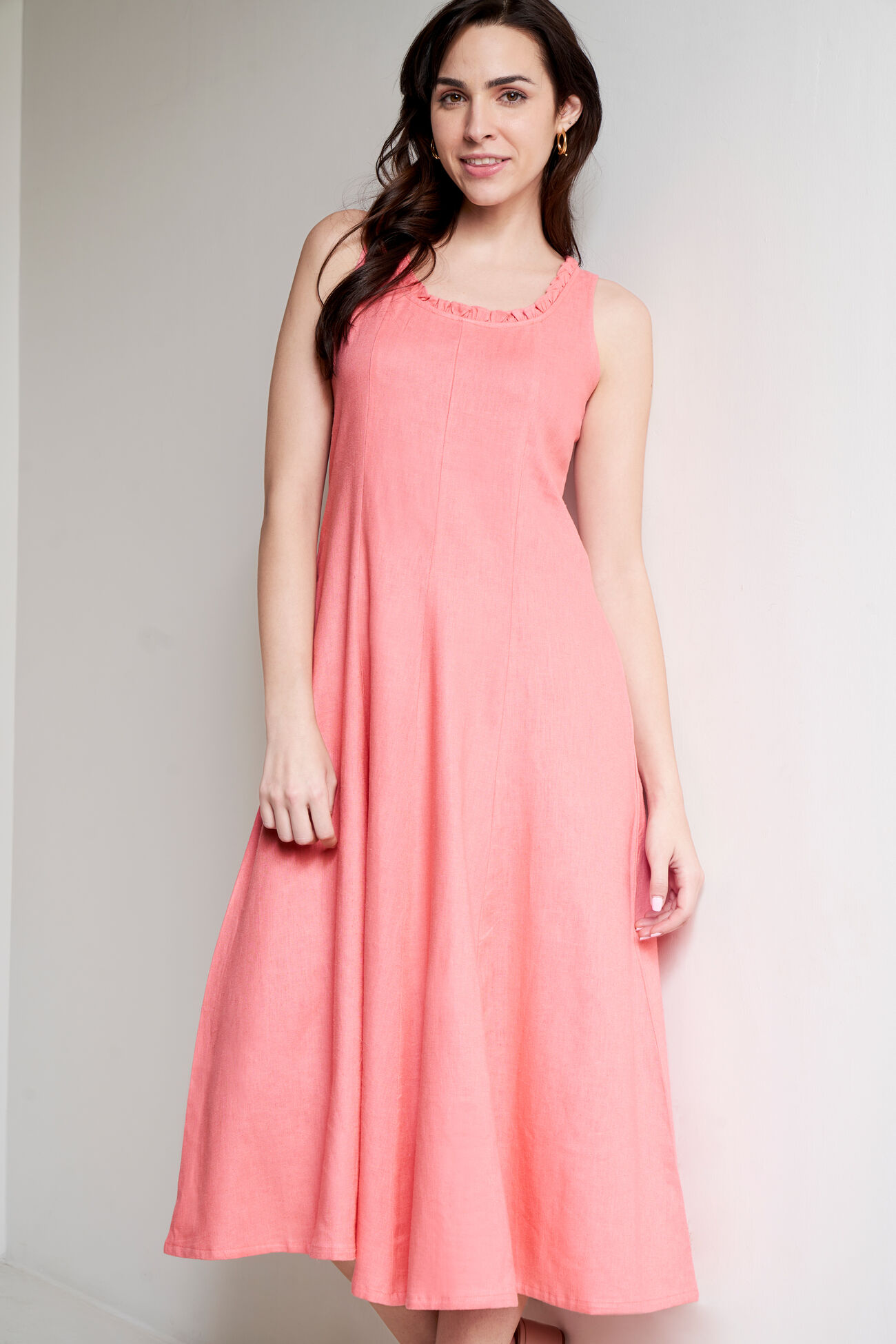 Coral Linen Flared Dress, Coral, image 2