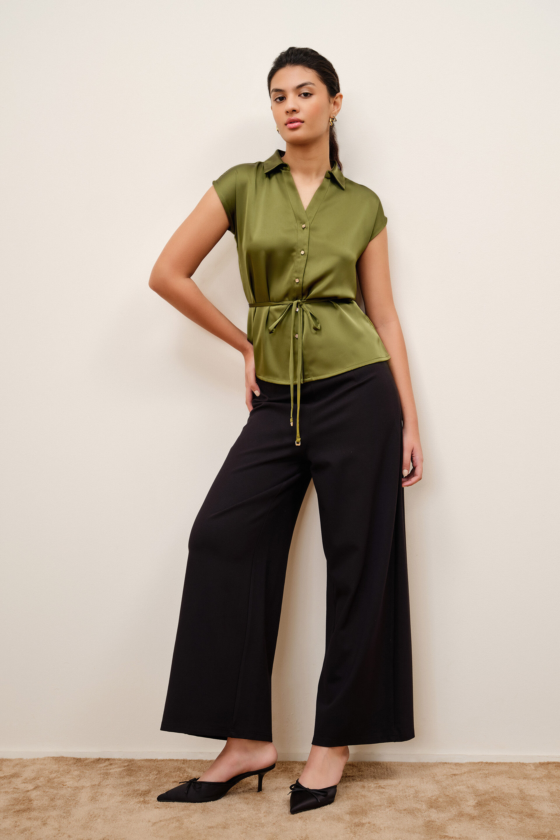 Calen Olive Satin Shirt, Olive, image 3