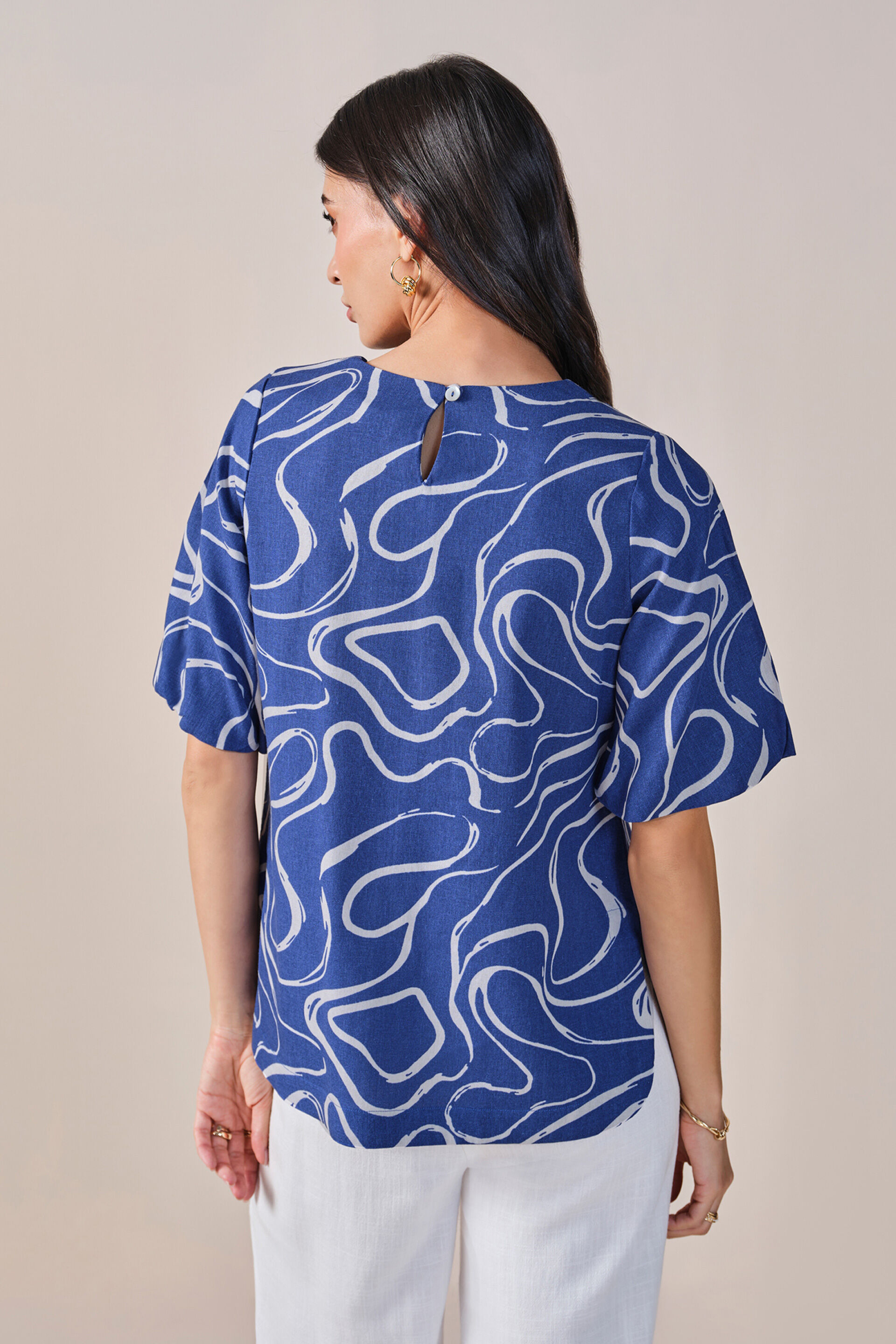 Cobalt Swirl Viscose Linen Blend Top, Blue, image 6