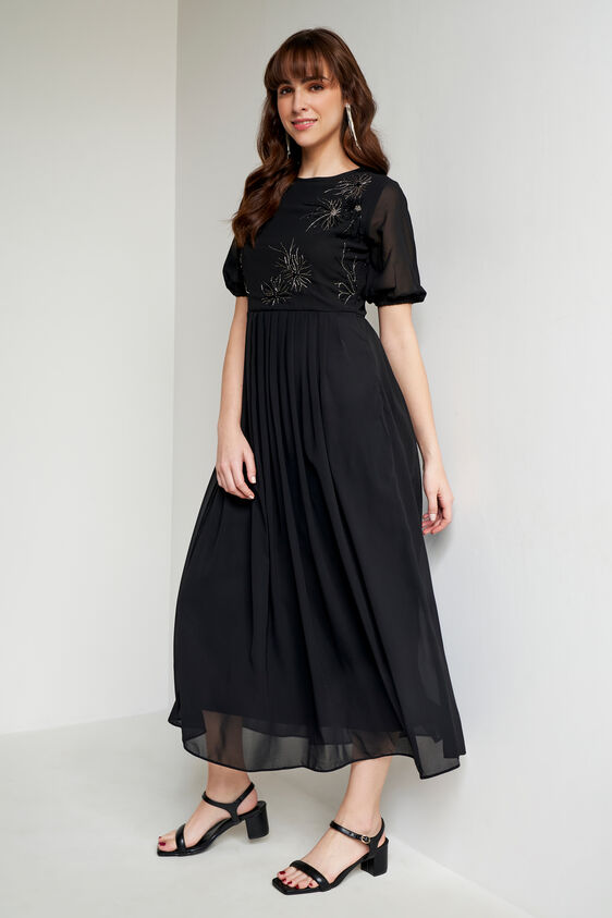 Black Solid Flared Gown, Black, image 3