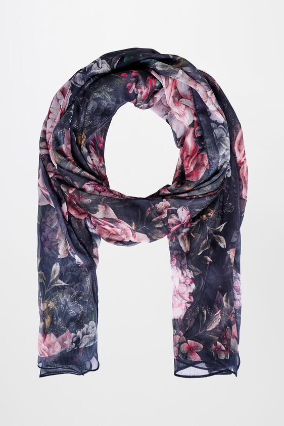 Black Chiffon Print Scarf, , image 1