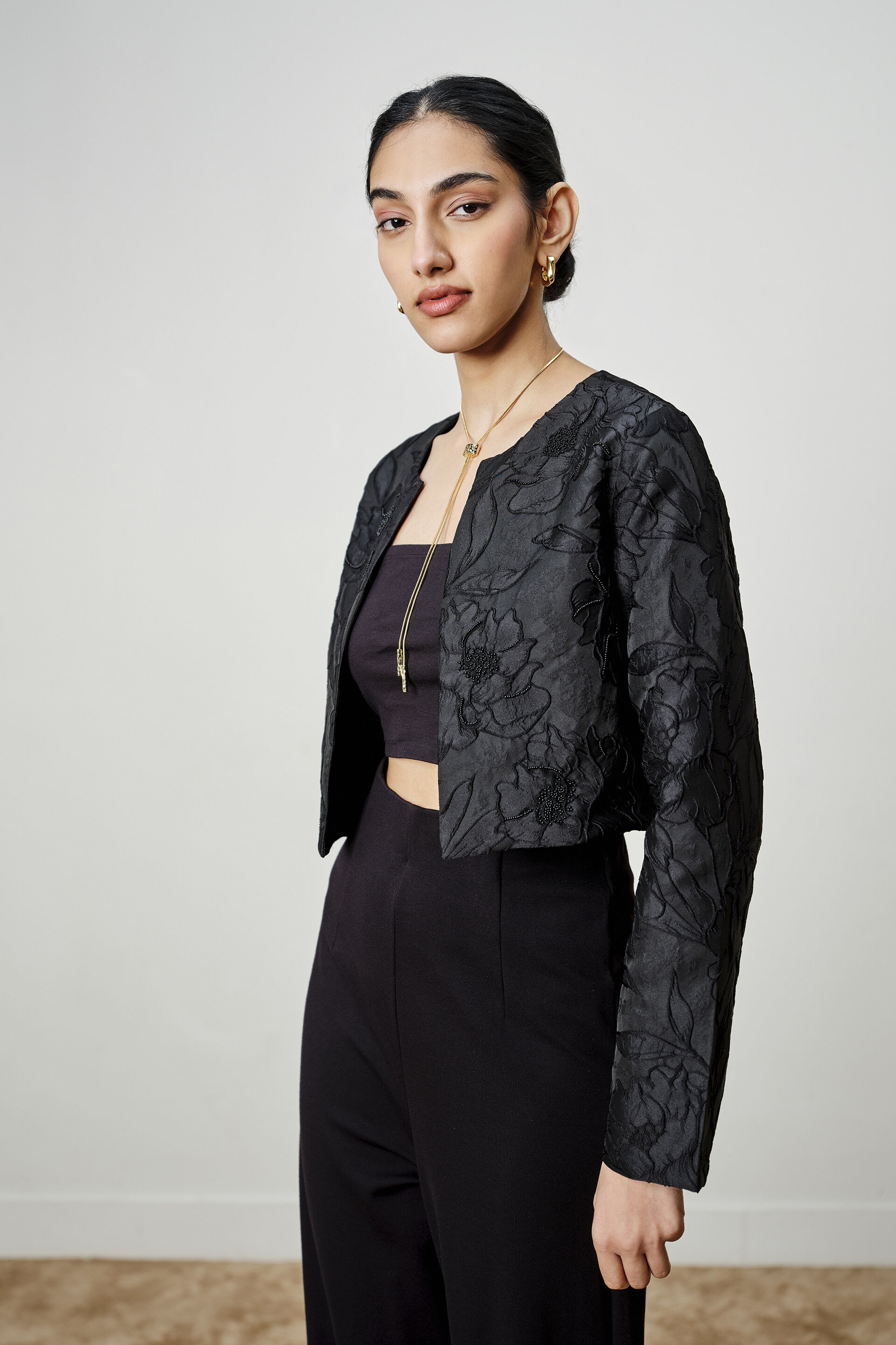 Black Beaded Jacquard Jacket, Black, image 1