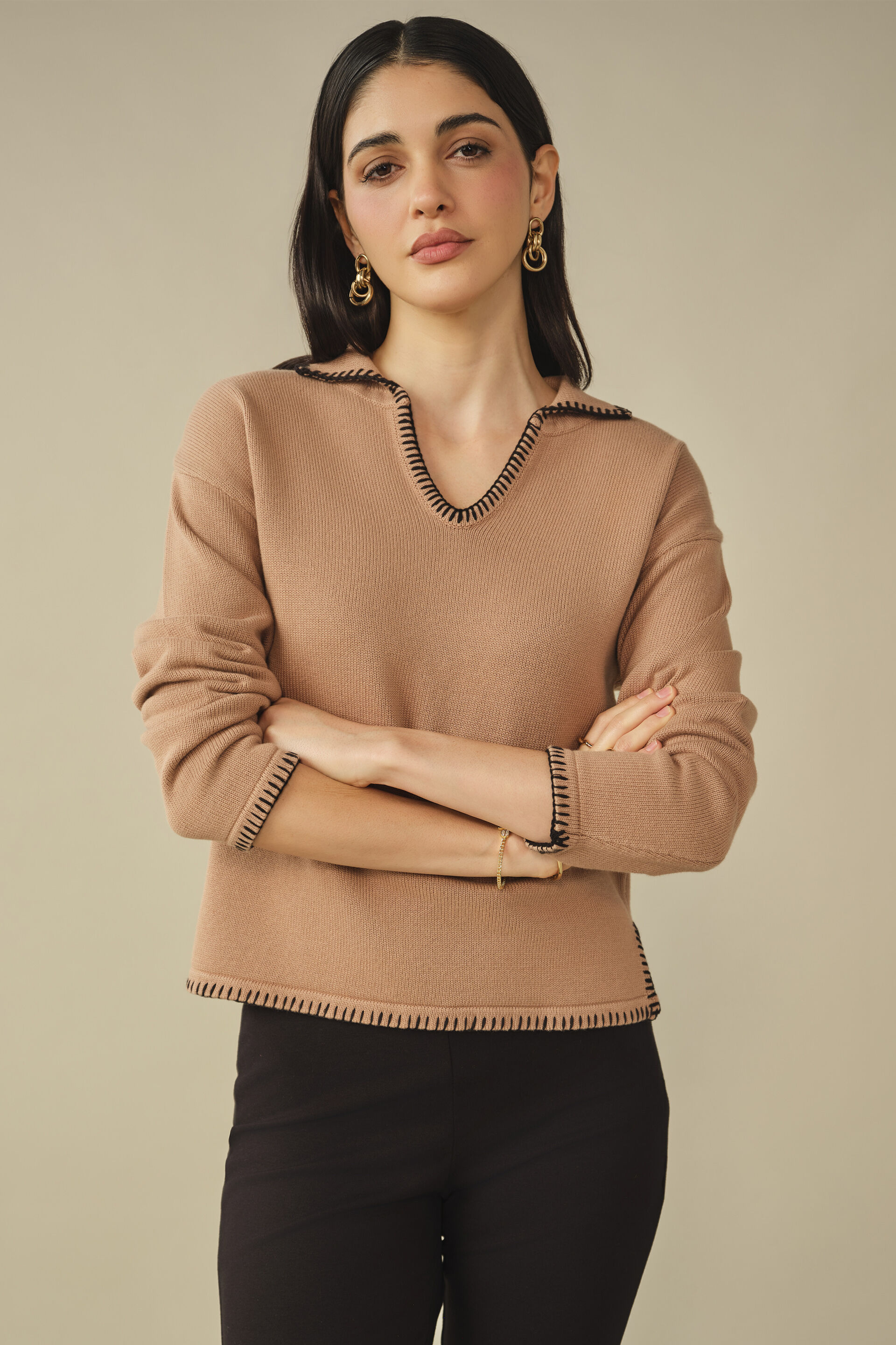 Solid Cotton Pullover in Beige, Beige, image 3