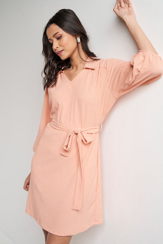Peach Self Design Straight Dress, Peach, image 4