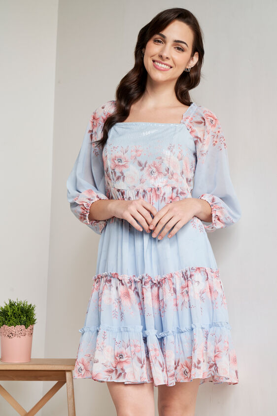 Powder Blue Floral Flounce Dress, Powder Blue, image 1