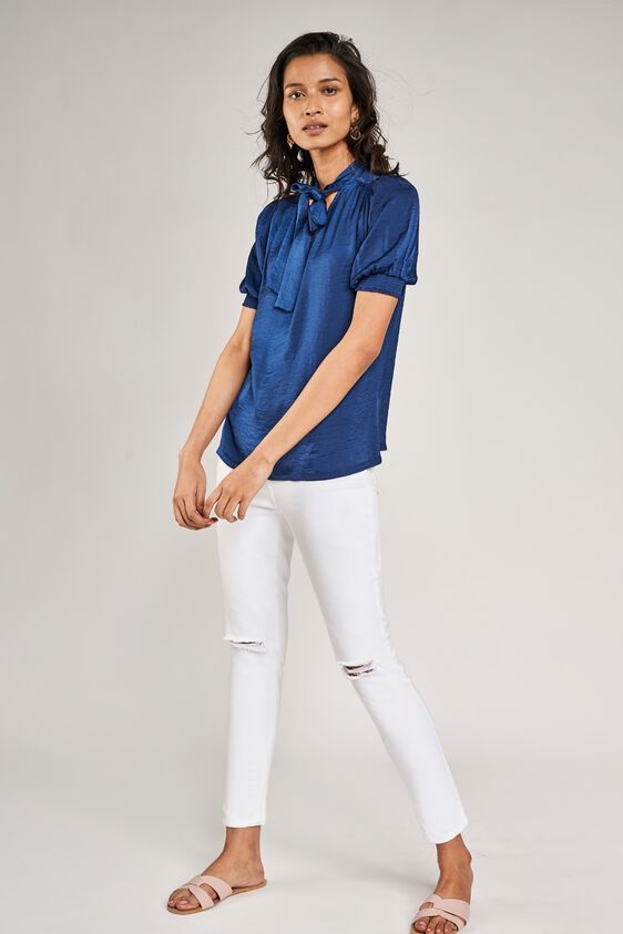1 - Navy Blue Solid Tie-Up Top, image 1