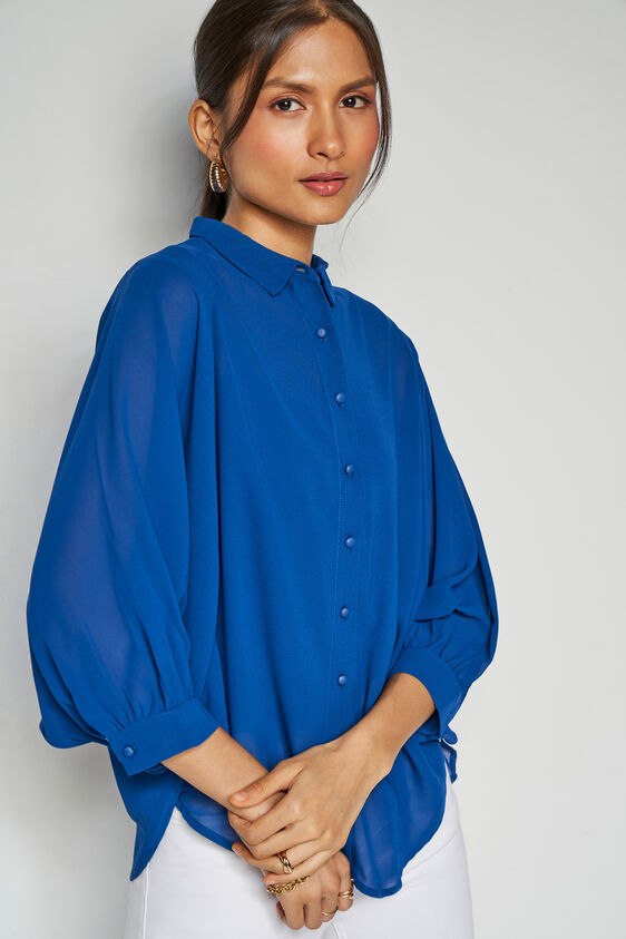 Blue Solid Curved Top, Blue, image 5