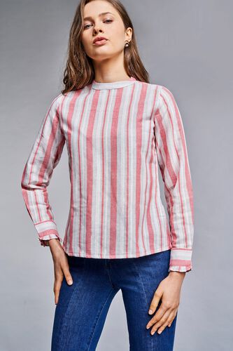 2 - Pink - White Stripes Mandarin Collar Cuff Top, image 2