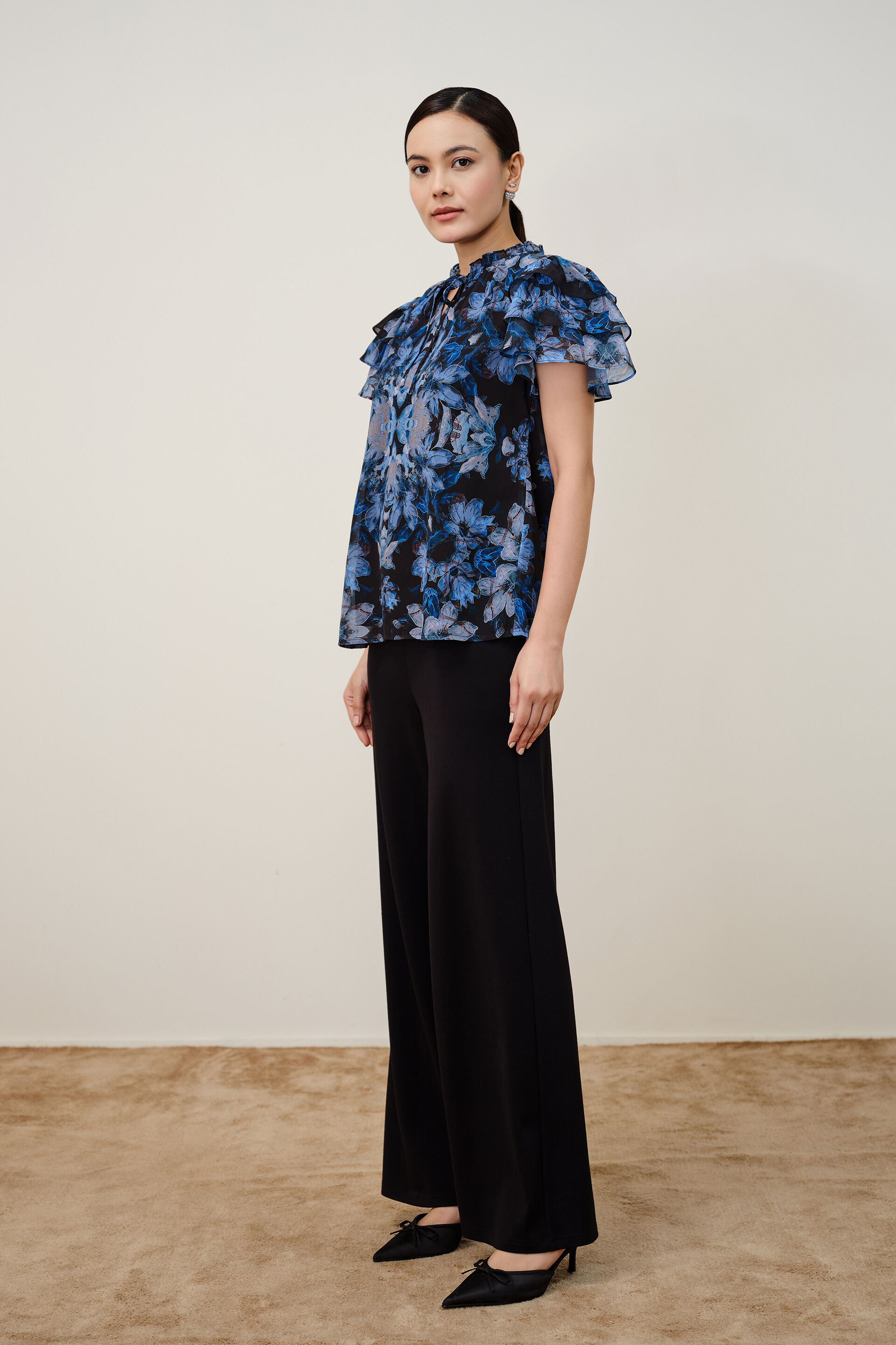 Arein High Neck Ruffle Sleeves Top, Blue, image 5