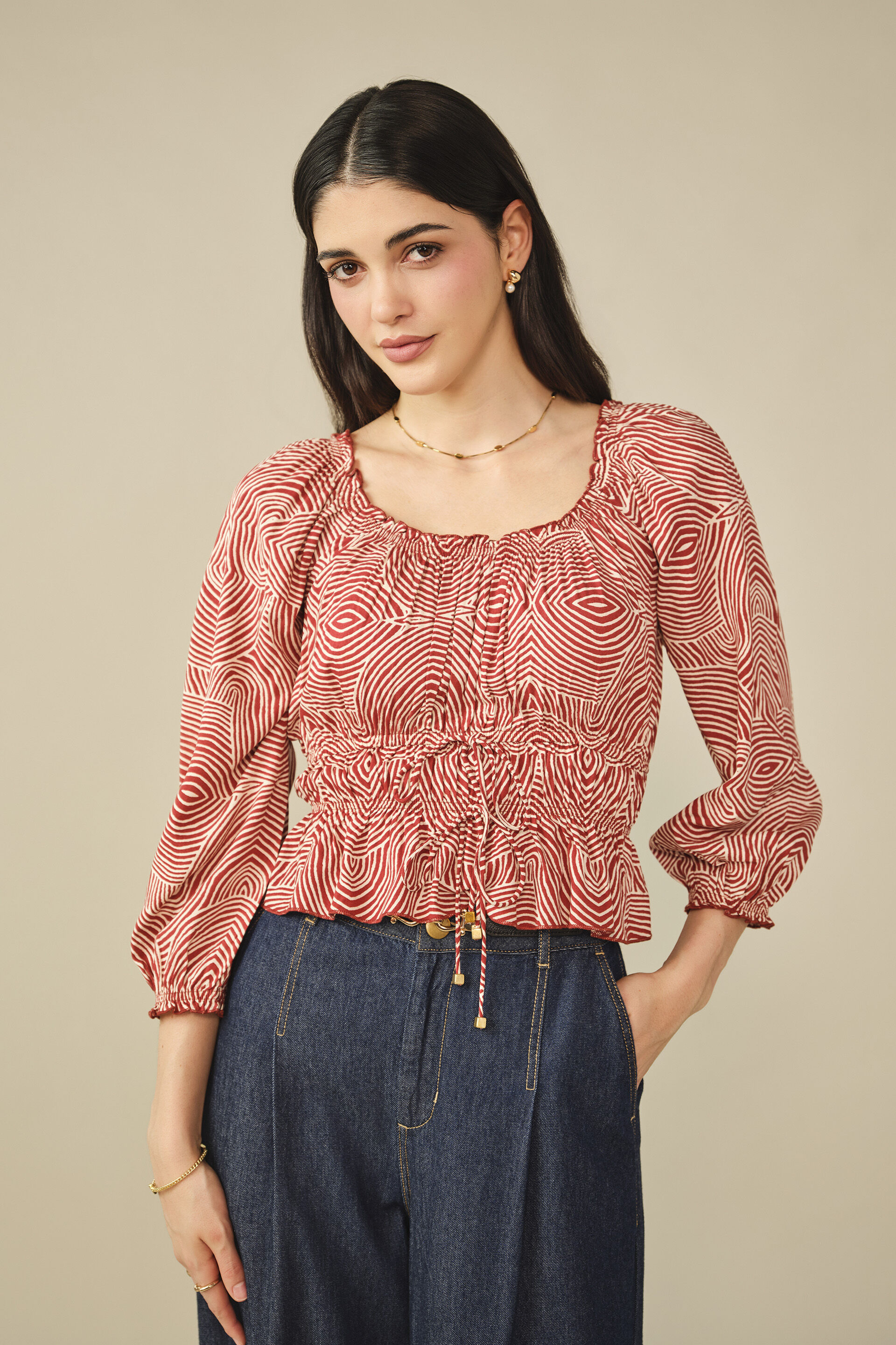 Abstract Printed Smocked Top in Wine